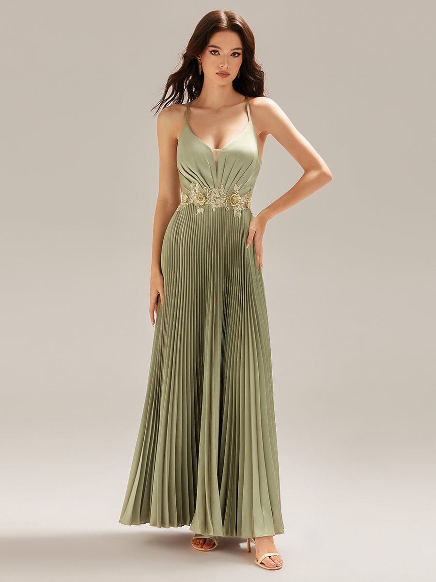 Applique Satin Pleated Sleeveless Dress #color_Sage Green