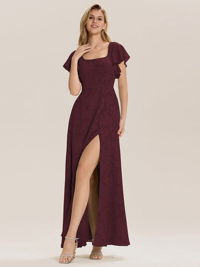 A-Line Chiffon Ruffle Sleeve Evening Dress #color_Burgundy