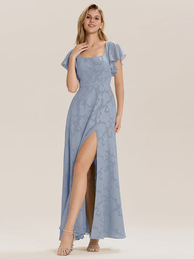 A-Line Chiffon Ruffle Sleeve Evening Dress #color_Light Blue