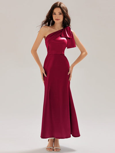 One Shoulder Satin Mermaid Dress #color_Burgundy