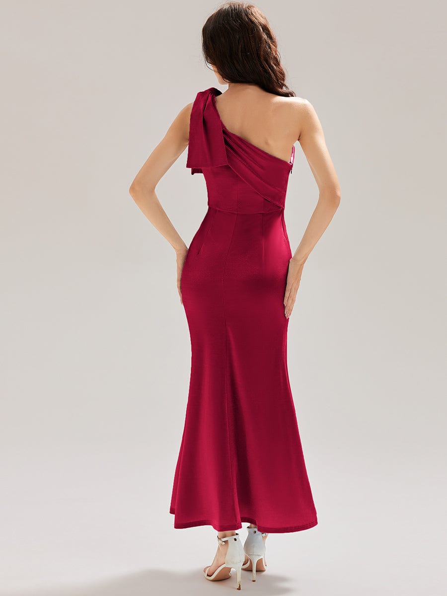 One Shoulder Satin Mermaid Dress #color_Burgundy
