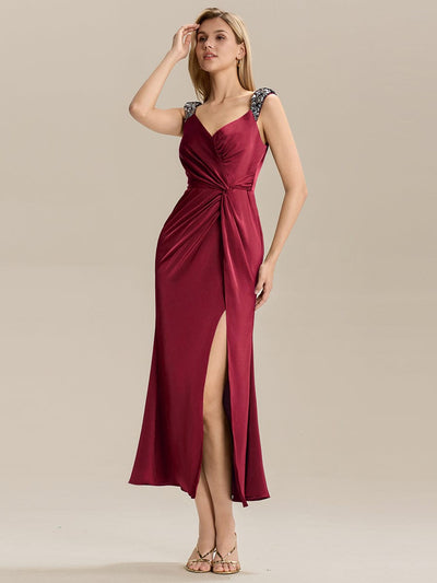 Knotted Satin Sleeveless Evening Dress #color_Burgundy
