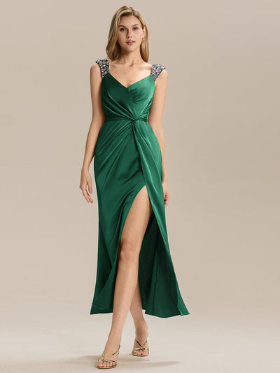 Knotted Satin Sleeveless Evening Dress #color_Dark Green