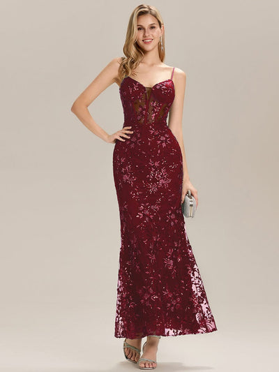 See-through Sequin Mermaid Evening Dress #color_Burgundy