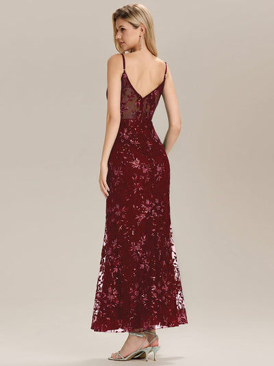 See-through Sequin Mermaid Evening Dress #color_Burgundy