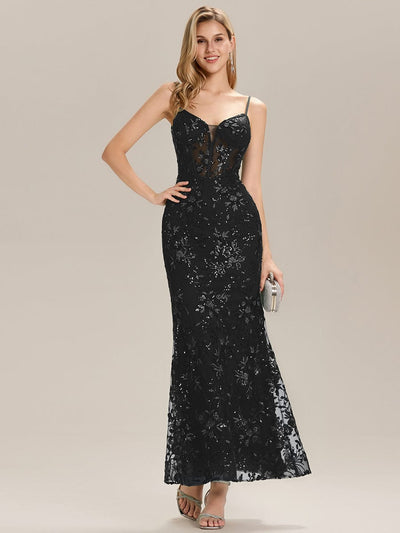 See-through Sequin Mermaid Evening Dress #color_Black