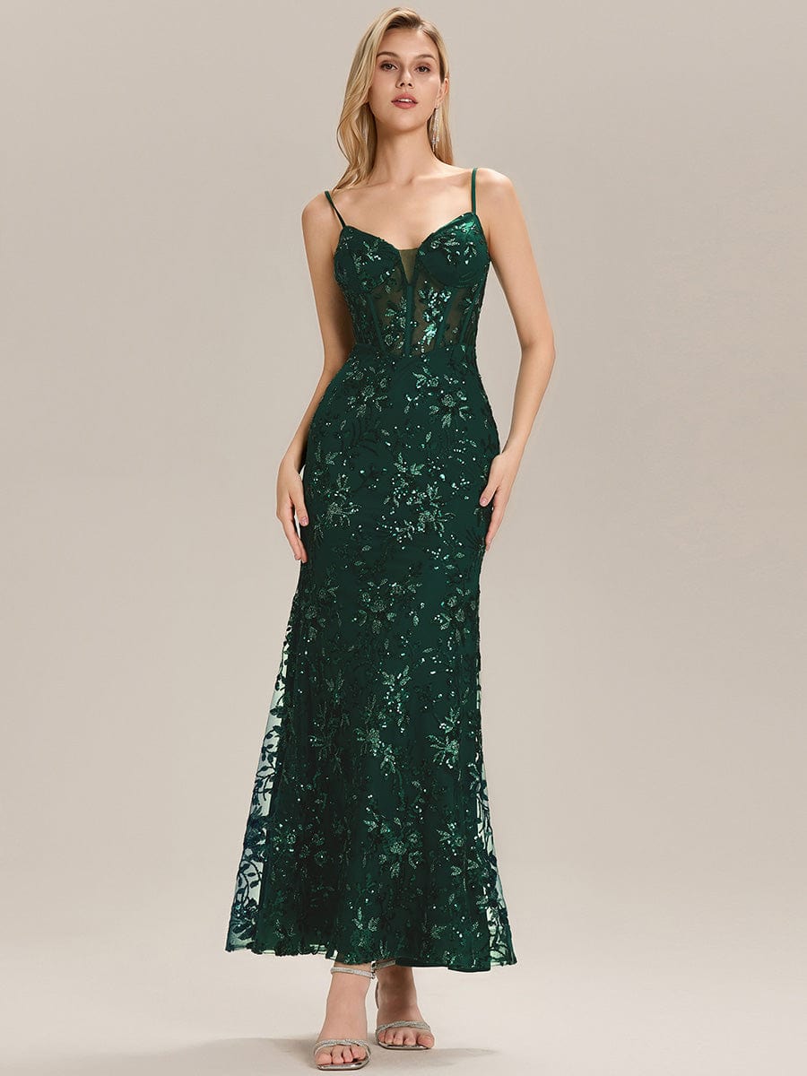 See-through Sequin Mermaid Evening Dress #color_Dark Green