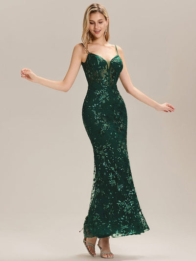 See-through Sequin Mermaid Evening Dress #color_Dark Green