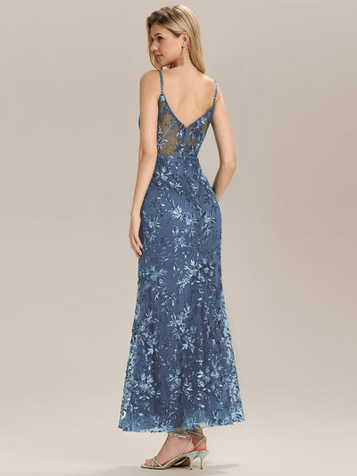 See-through Sequin Mermaid Evening Dress #color_Dusty Blue