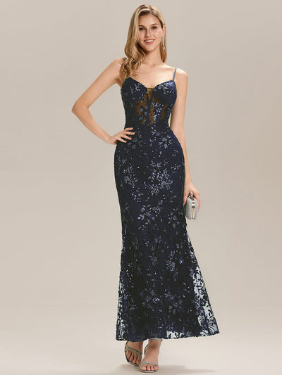 See-through Sequin Mermaid Evening Dress #color_Navy Blue