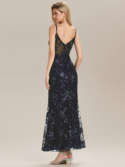 See-through Sequin Mermaid Evening Dress #color_Navy Blue