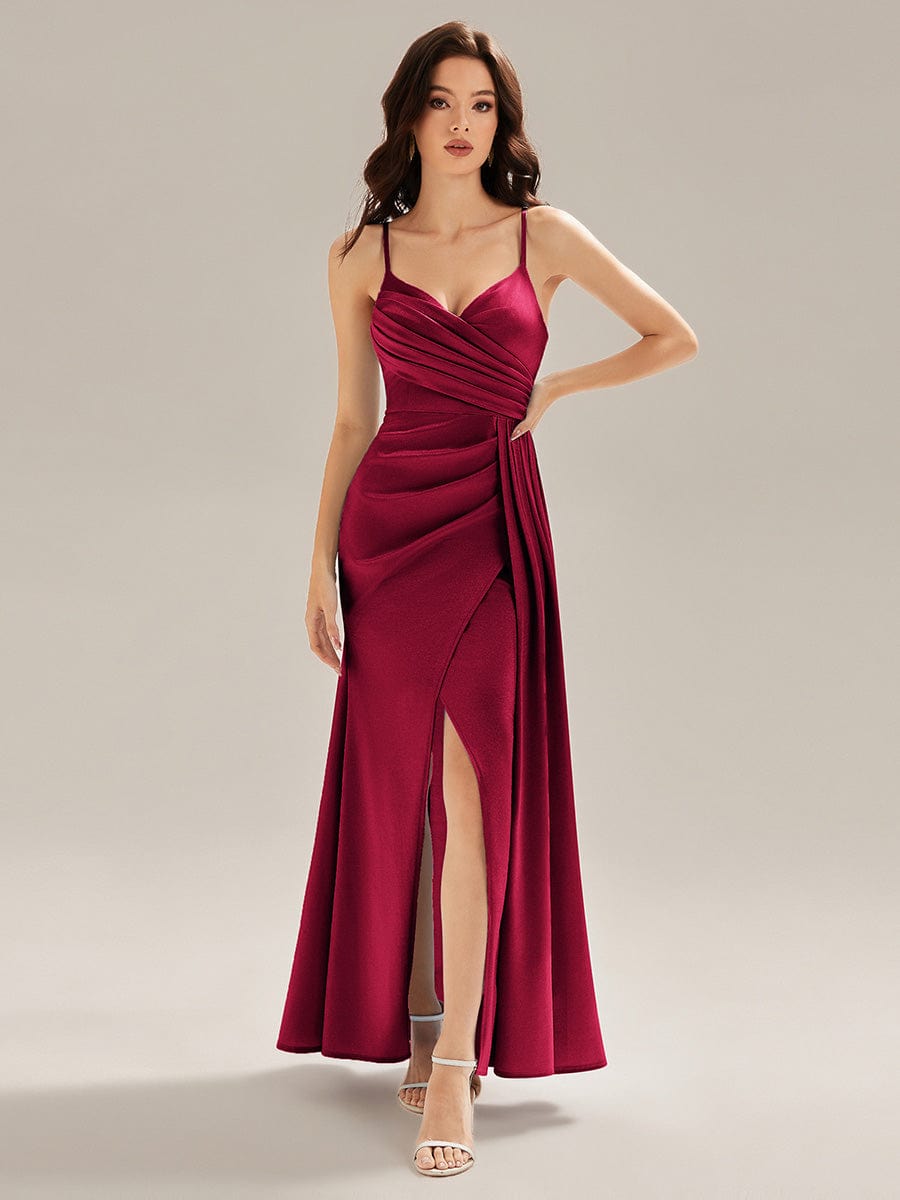 Flowing Ribbons Satin High Slit Dress #color_Burgundy