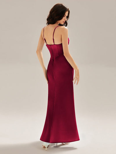 Flowing Ribbons Satin High Slit Dress #color_Burgundy