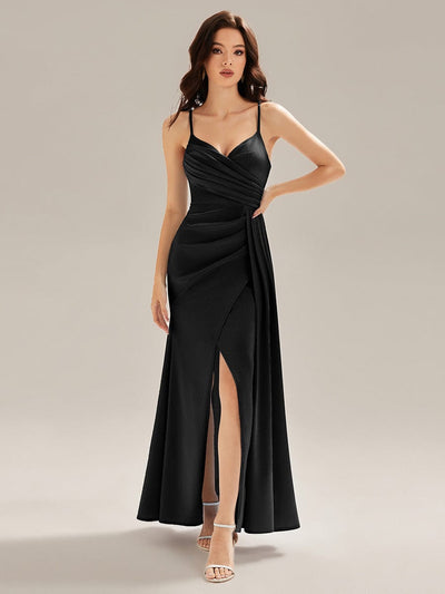 Flowing Ribbons Satin High Slit Dress #color_Black