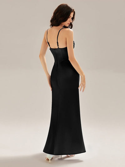Flowing Ribbons Satin High Slit Dress #color_Black