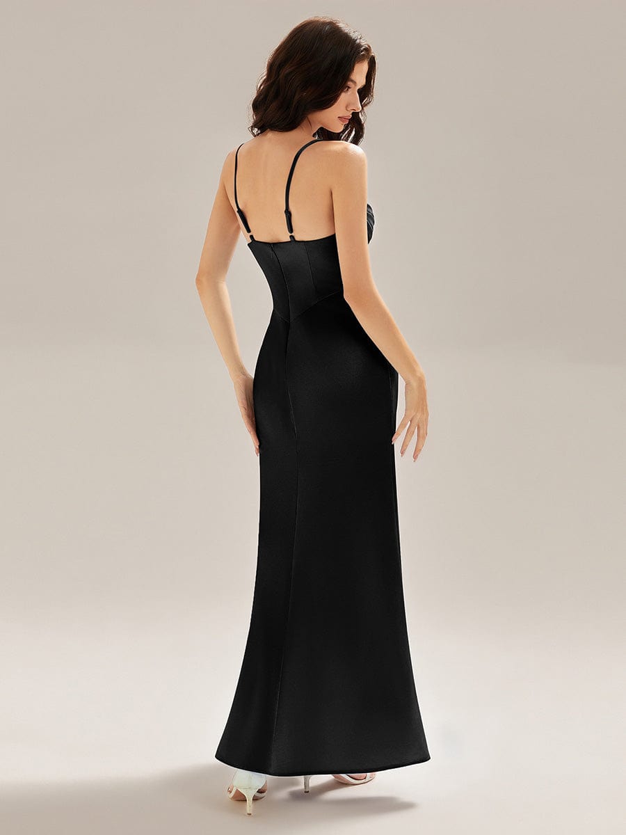 Flowing Ribbons Satin High Slit Dress #color_Black