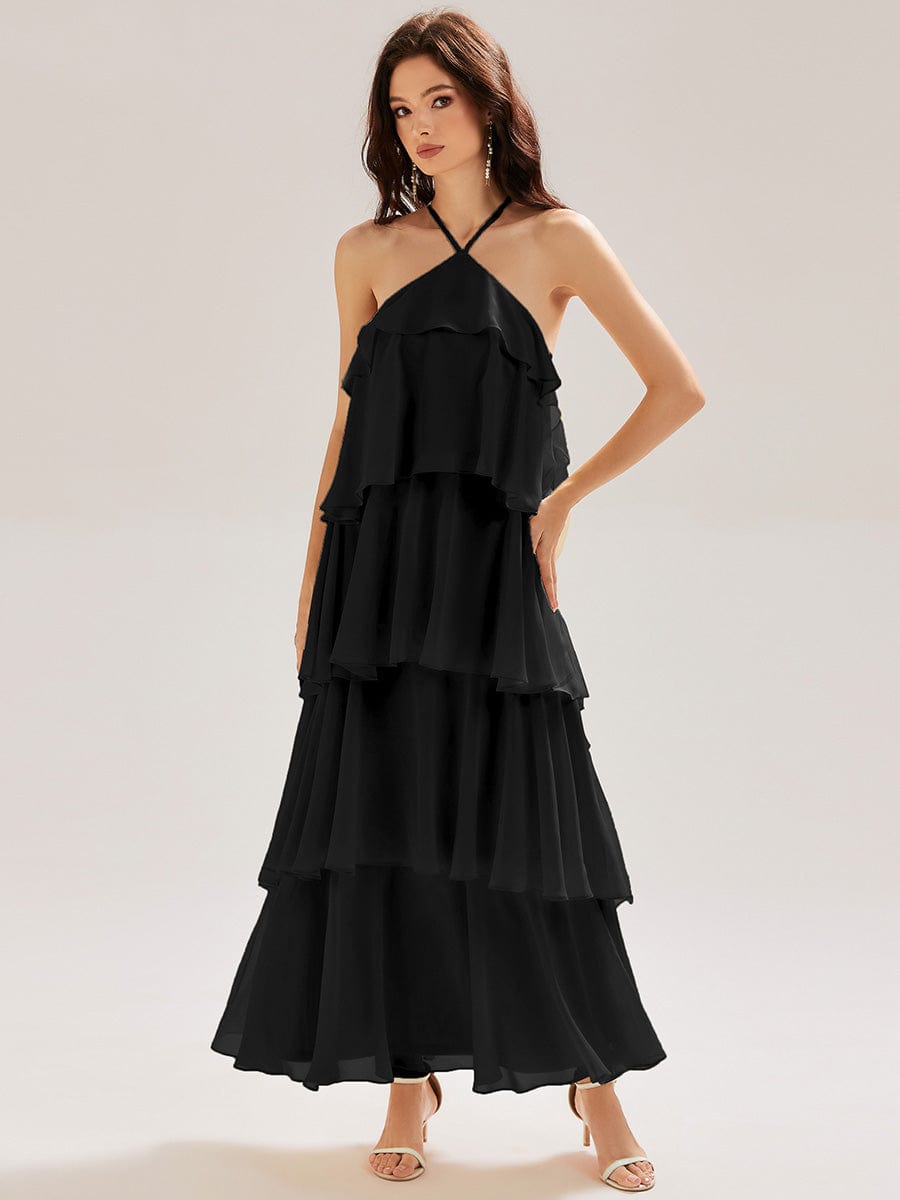 Backless Chiffon Tiered Dress #color_Black