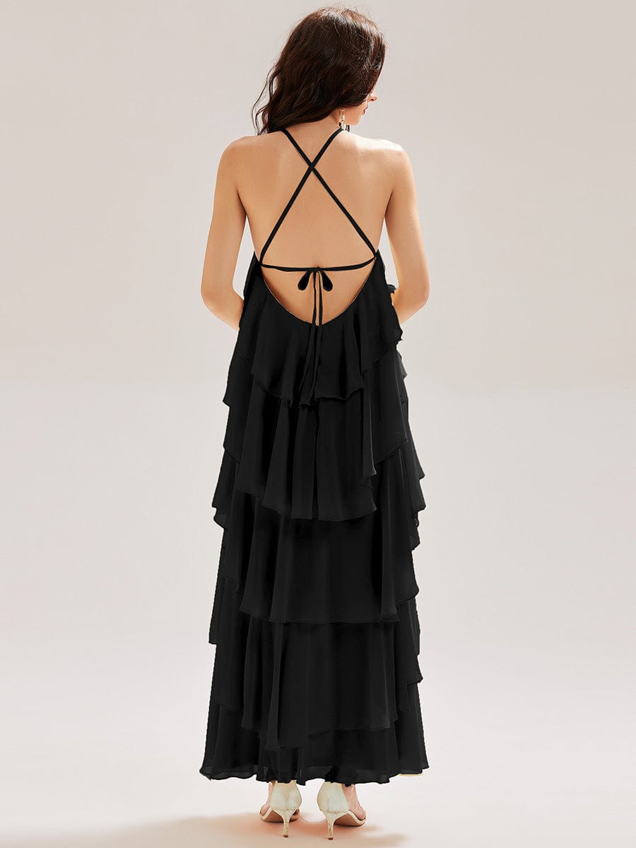 Backless Chiffon Tiered Dress #color_Black