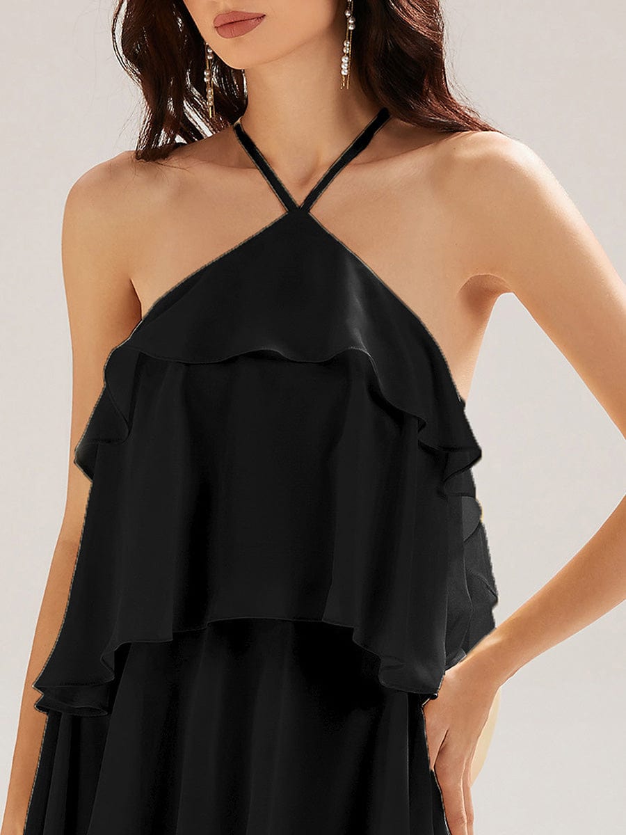 Backless Chiffon Tiered Dress #color_Black