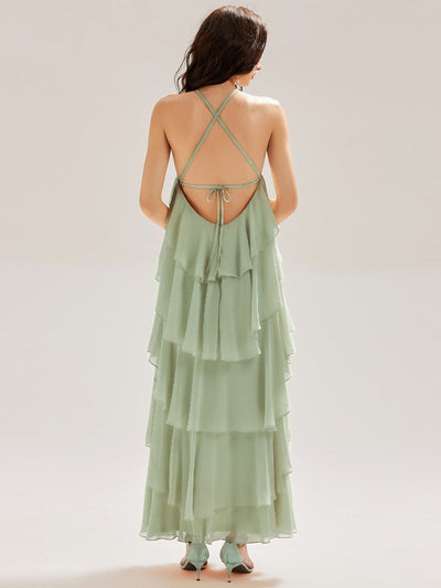 Backless Chiffon Tiered Dress #color_Mint Green