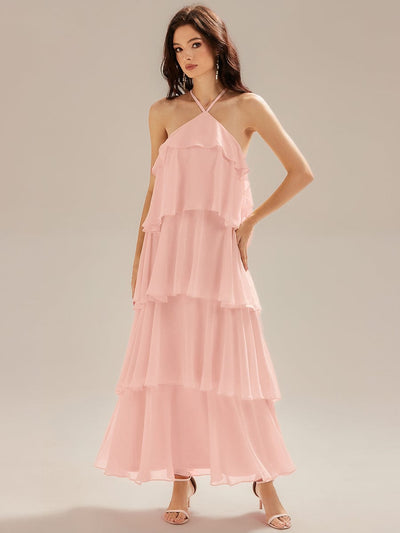 Backless Chiffon Tiered Dress #color_Pink