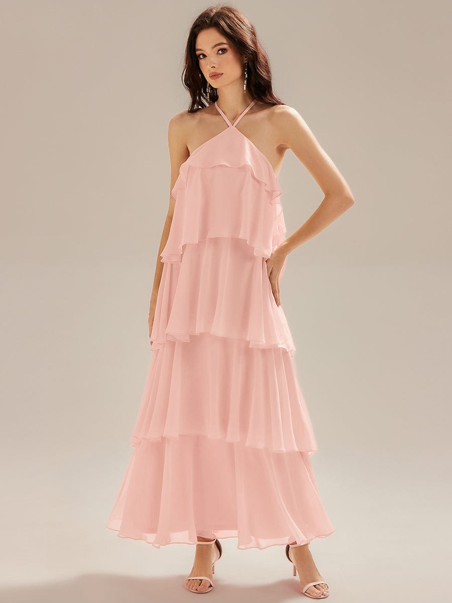 Backless Chiffon Tiered Dress #color_Pink