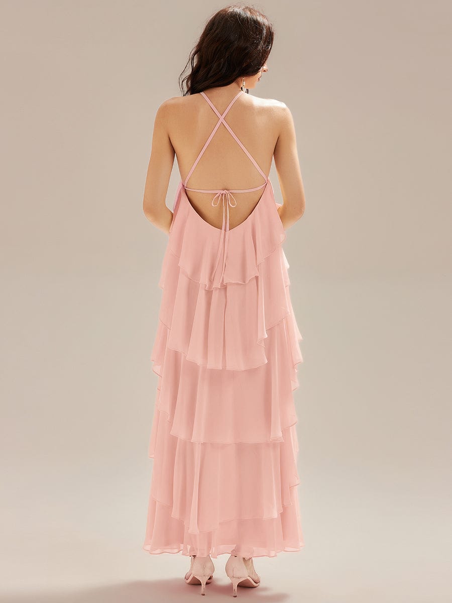 Backless Chiffon Tiered Dress #color_Pink