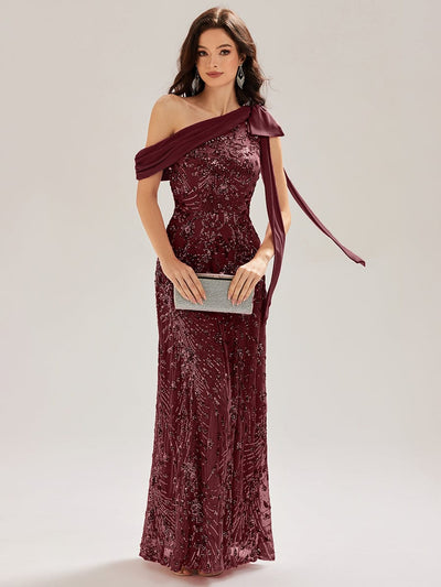 Bow Detail Sequin Drop Shoulder Sleeve Dress #color_Burgundy