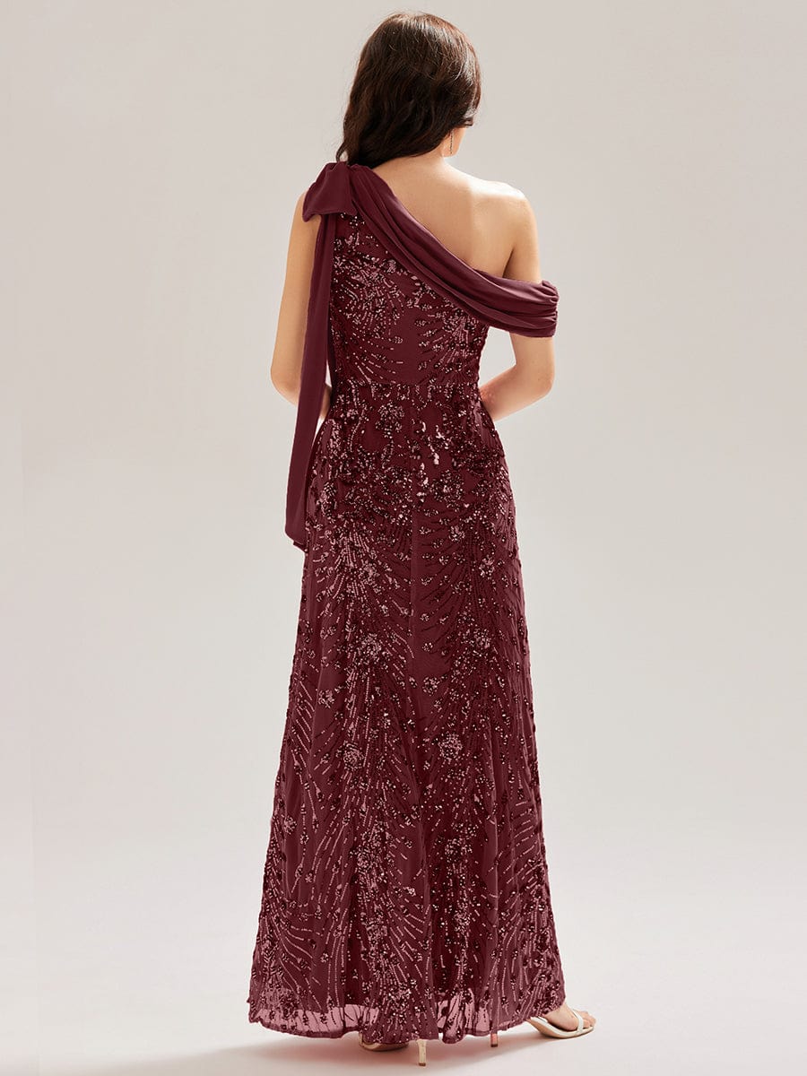 Bow Detail Sequin Drop Shoulder Sleeve Dress #color_Burgundy