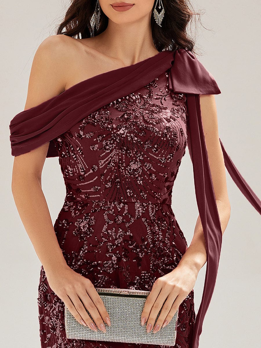 Bow Detail Sequin Drop Shoulder Sleeve Dress #color_Burgundy