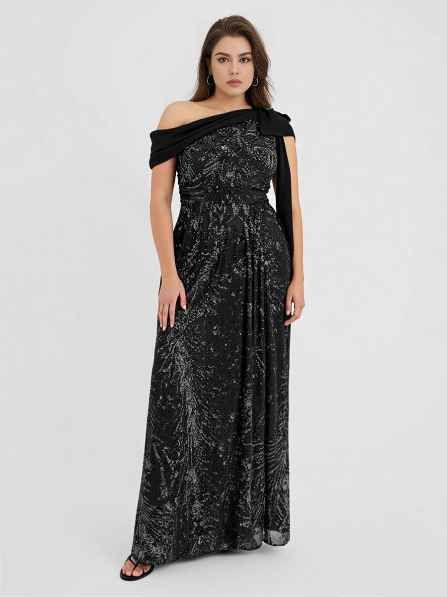 Bow Detail Sequin Drop Shoulder Sleeve Dress #color_Black