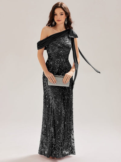 Bow Detail Sequin Drop Shoulder Sleeve Dress #color_Black