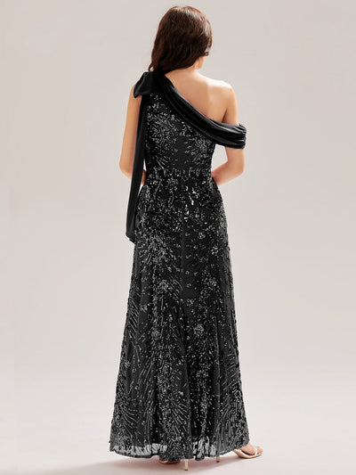 Bow Detail Sequin Drop Shoulder Sleeve Dress #color_Black