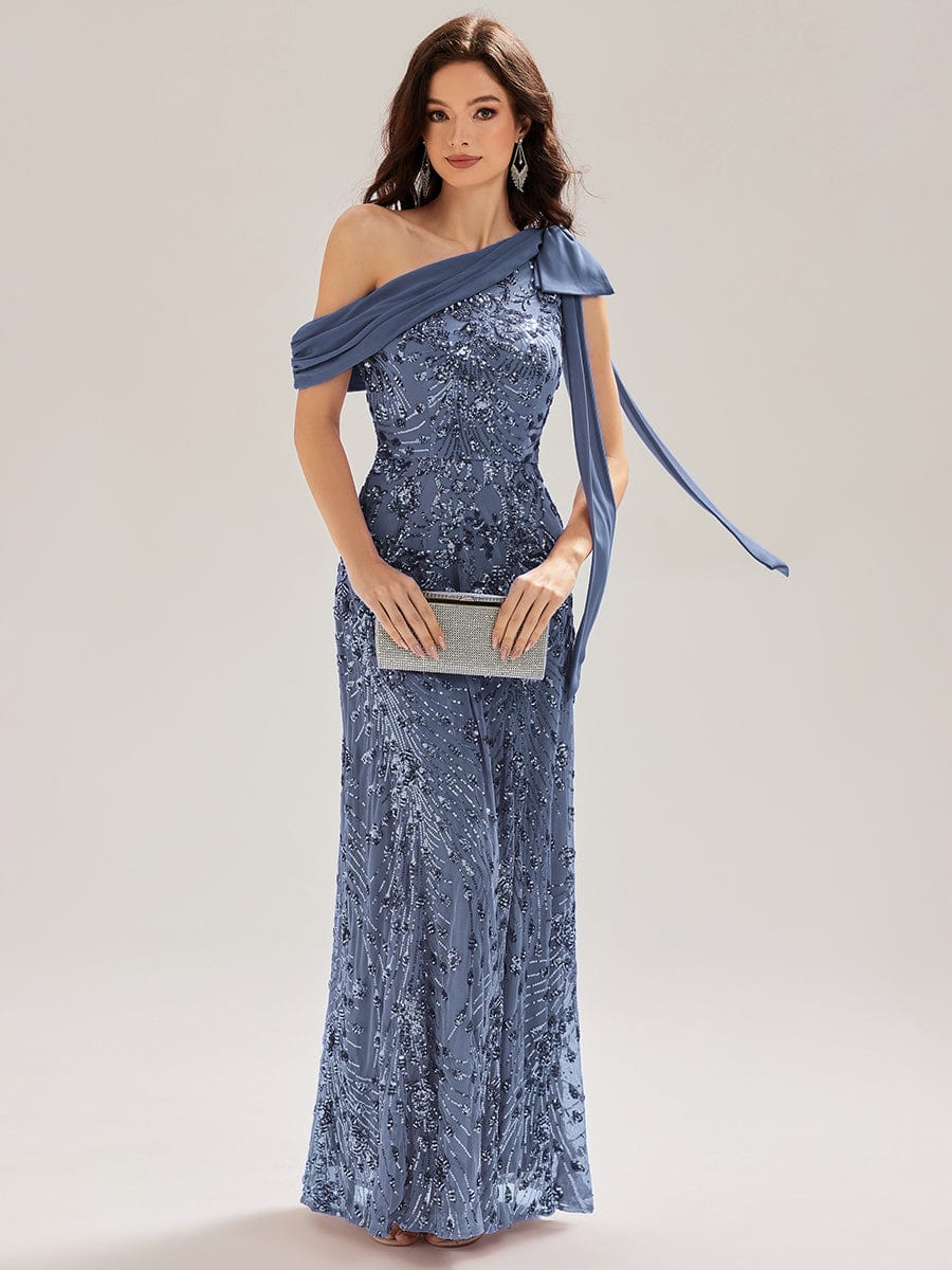Bow Detail Sequin Drop Shoulder Sleeve Dress #color_Dusty Blue