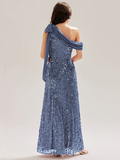 Bow Detail Sequin Drop Shoulder Sleeve Dress #color_Dusty Blue