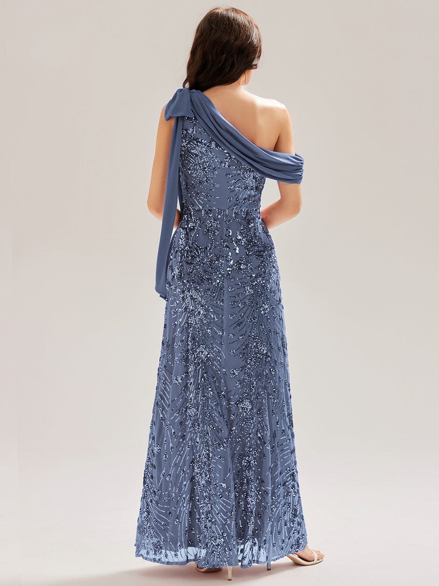Bow Detail Sequin Drop Shoulder Sleeve Dress #color_Dusty Blue