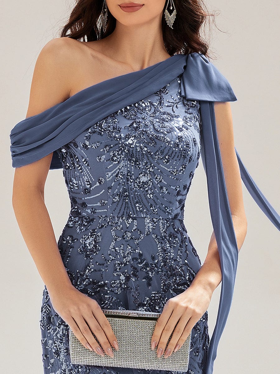 Bow Detail Sequin Drop Shoulder Sleeve Dress #color_Dusty Blue