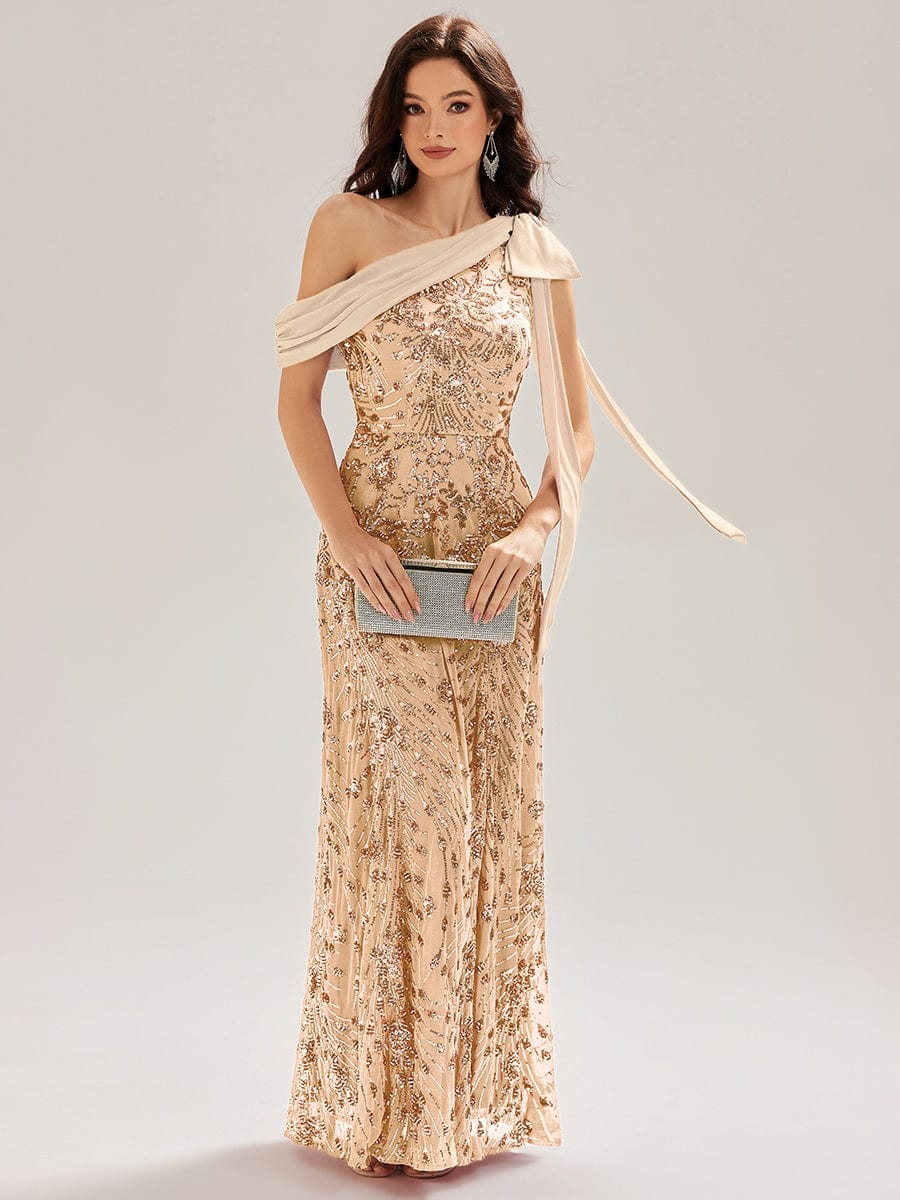 Bow Detail Sequin Drop Shoulder Sleeve Dress #color_Gold