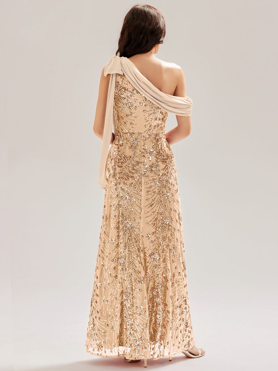 Bow Detail Sequin Drop Shoulder Sleeve Dress #color_Gold