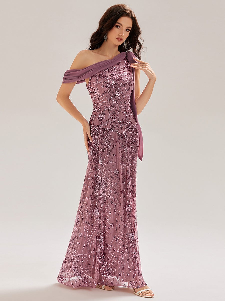 Bow Detail Sequin Drop Shoulder Sleeve Dress #color_Purple Orchid