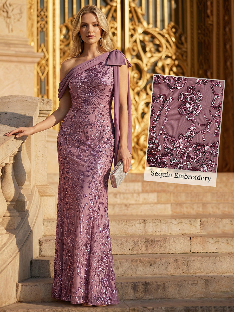 Ever-Pretty Sequin Drop Sleeve Formal Dress with Bow Detail