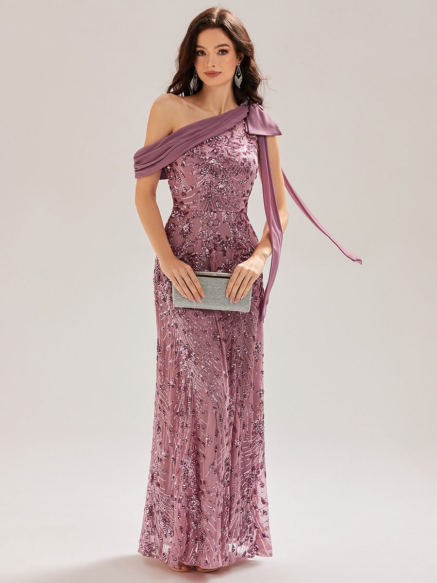 Bow Detail Sequin Drop Shoulder Sleeve Evening Dress