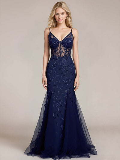 Back-Tie Sequin Mermaid Formal Dress #color_Navy Blue