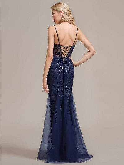Back-Tie Sequin Mermaid Formal Dress #color_Navy Blue