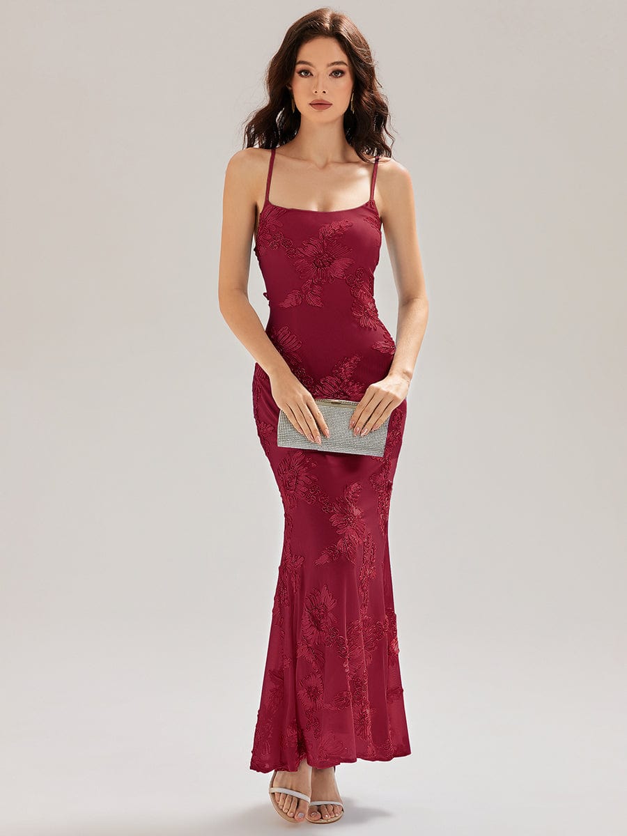Lace-Up Mesh Mermaid Floral Dress #color_Burgundy