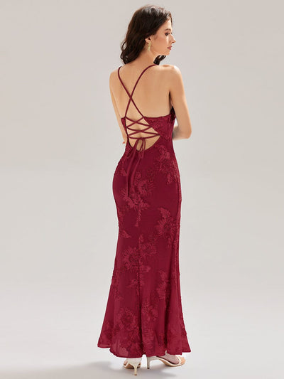 Lace-Up Mesh Mermaid Floral Dress #color_Burgundy