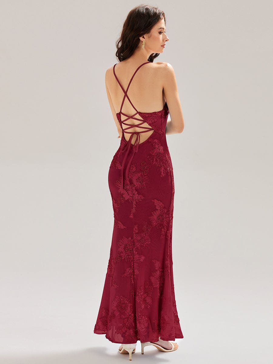 Lace-Up Mesh Mermaid Floral Dress #color_Burgundy