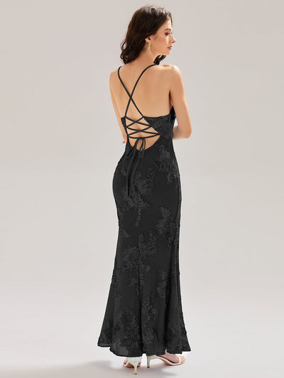 Lace-Up Mesh Mermaid Floral Dress #color_Black
