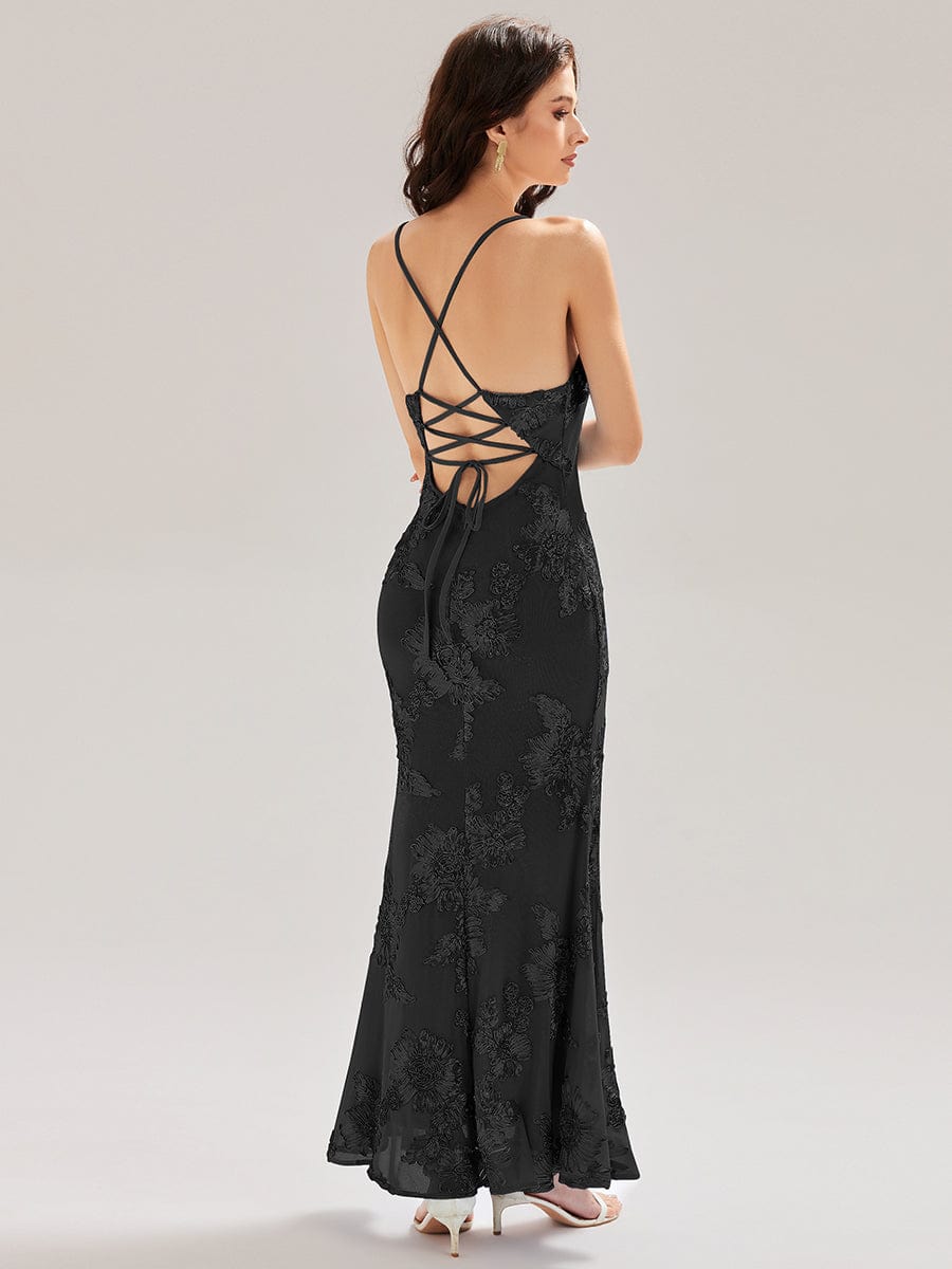 Lace-Up Mesh Mermaid Floral Dress #color_Black