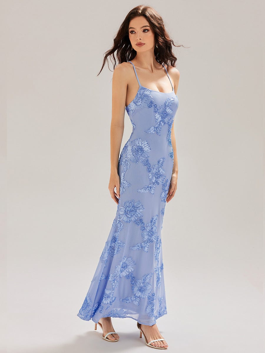 Lace-Up Mesh Mermaid Floral Dress #color_Ice Blue